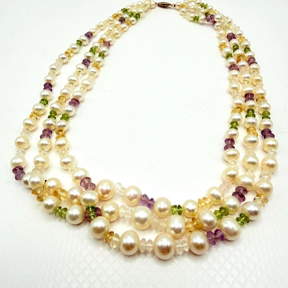 Vintage Freshwater Pearl 16" Necklace w/ Stone Chips & Gold Tone Fish Hook Clasp